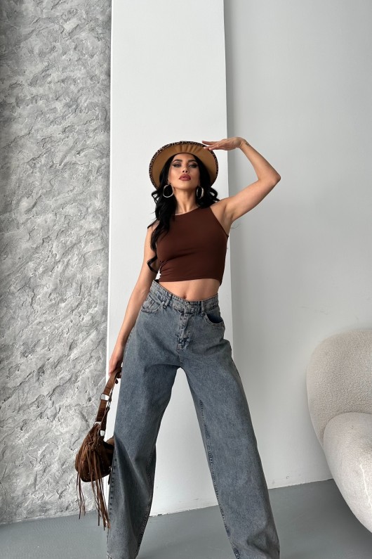 Kadın Kot Baggy Jeans Denim Pantolon Kar Yıkama Kahve Tint 4000