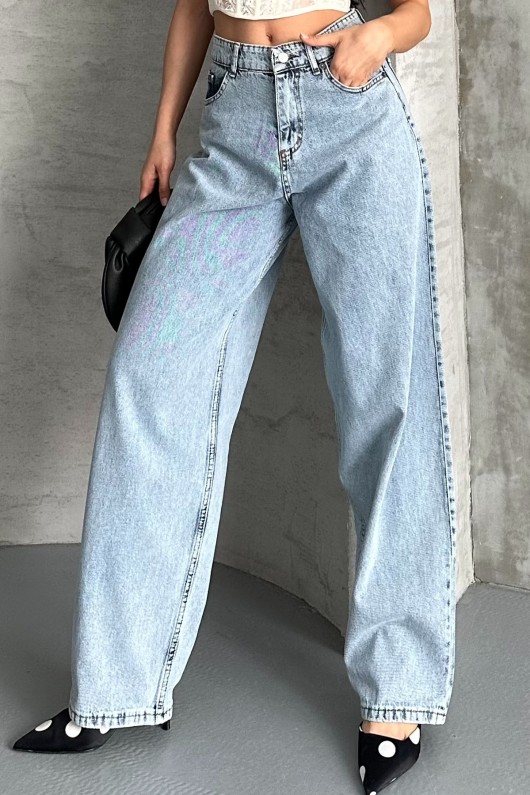 Kadın Kot Baggy Jeans Denim Pantolon Kar Yıkama Buz Mavisi 4000