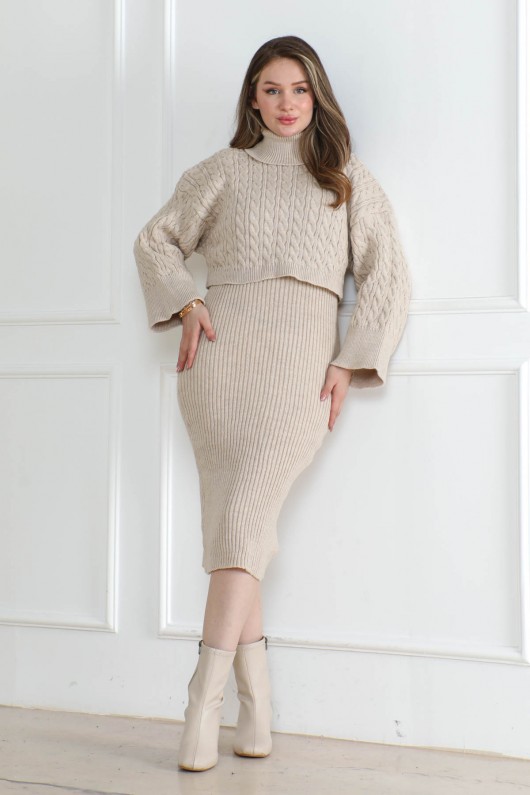 Örgü Deseni Detaylı Triko Takım Taş Rengi 1028