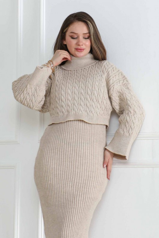 Örgü Deseni Detaylı Triko Takım Taş Rengi 1028