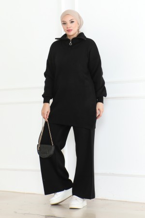 Yakası Fermuar Detaylı Triko Takım Siyah 1001