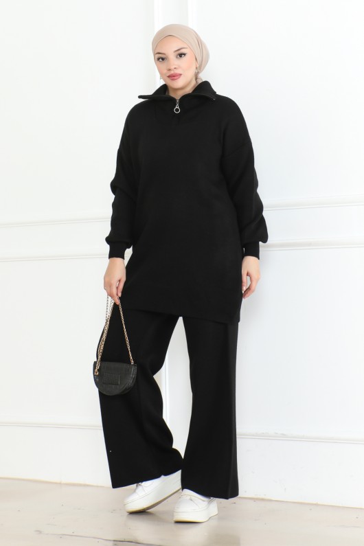 Yakası Fermuar Detaylı Triko Takım Siyah 1001