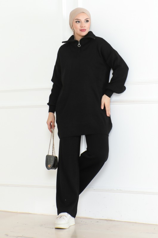 Yakası Fermuar Detaylı Triko Takım Siyah 1001