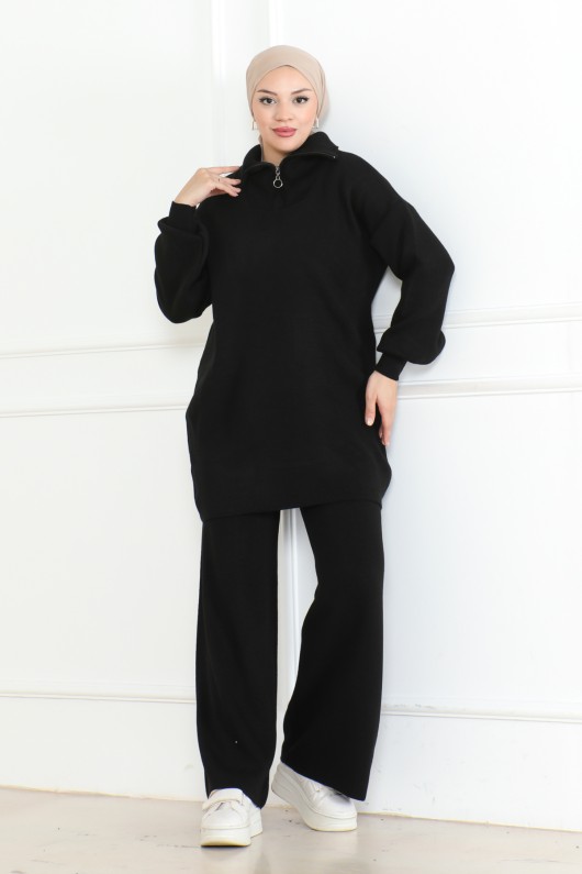 Yakası Fermuar Detaylı Triko Takım Siyah 1001