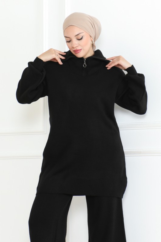 Yakası Fermuar Detaylı Triko Takım Siyah 1001