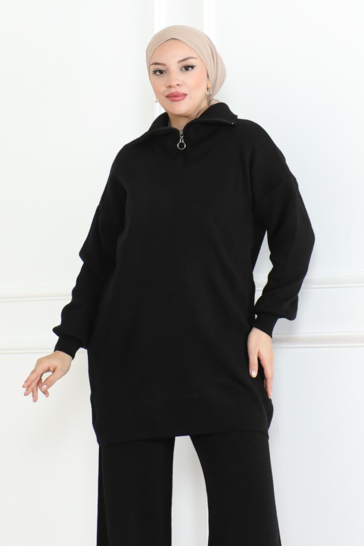 Yakası Fermuar Detaylı Triko Takım Siyah 1001