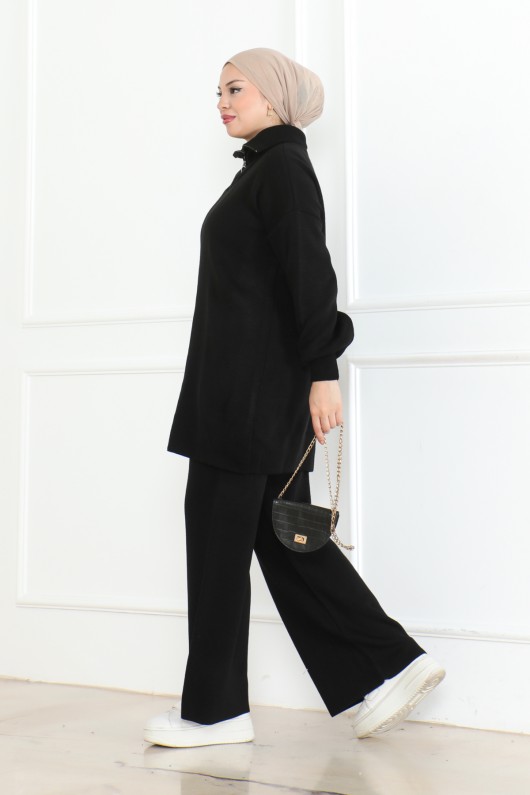 Yakası Fermuar Detaylı Triko Takım Siyah 1001