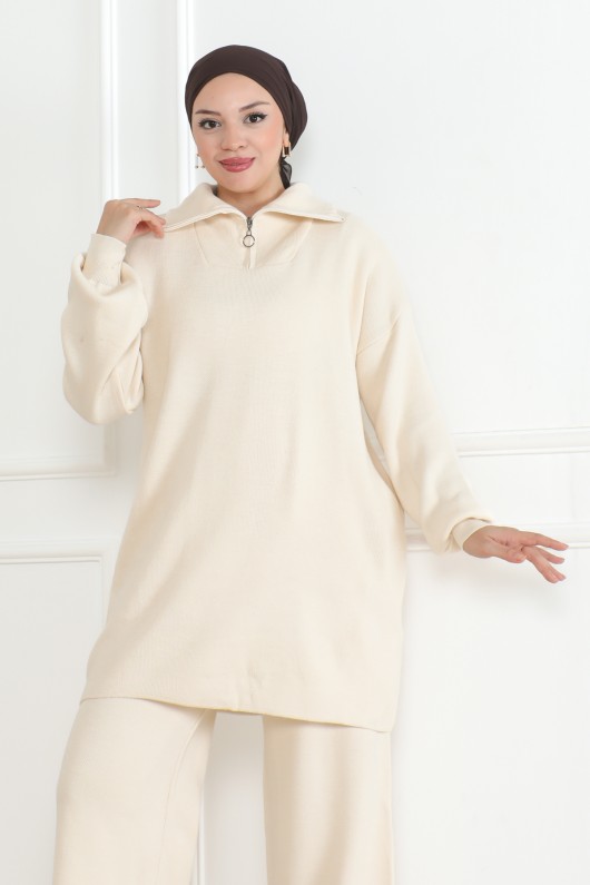 Yakasi Fermuar Detayli Tri̇ko Takim Taş Rengi̇ 1001