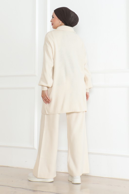 Yakasi Fermuar Detayli Tri̇ko Takim Taş Rengi̇ 1001