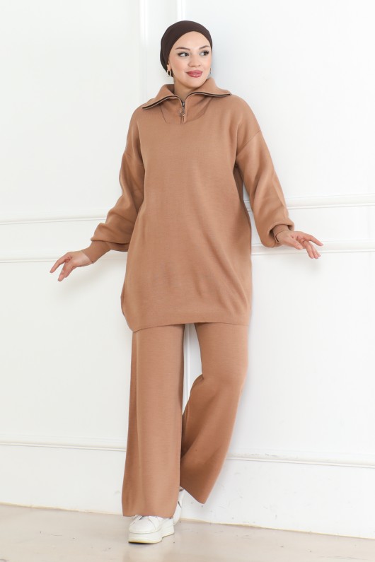 Yakası Fermuar Detaylı Triko Takım Vizon 1001