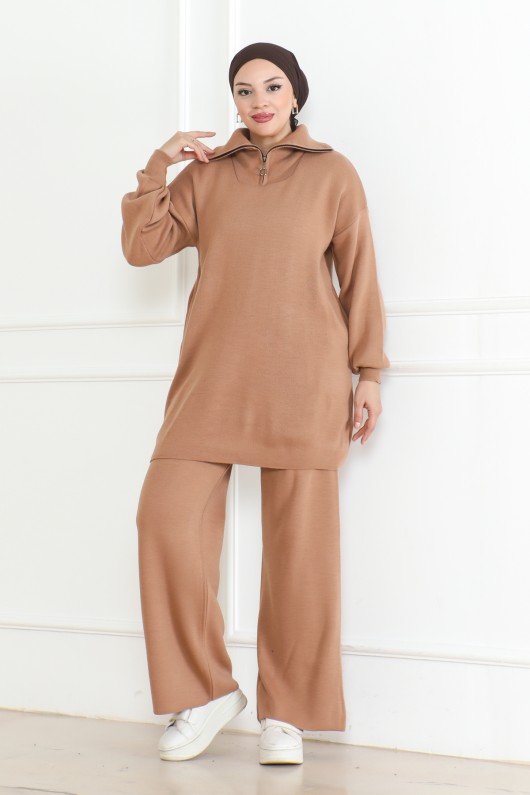 Yakası Fermuar Detaylı Triko Takım Vizon 1001