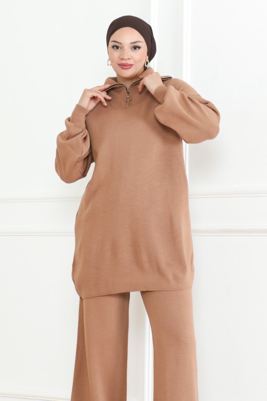 Yakası Fermuar Detaylı Triko Takım Vizon 1001
