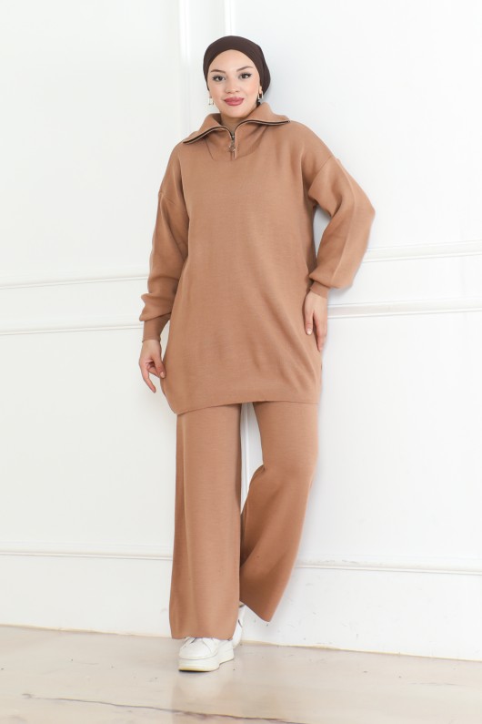 Yakası Fermuar Detaylı Triko Takım Vizon 1001