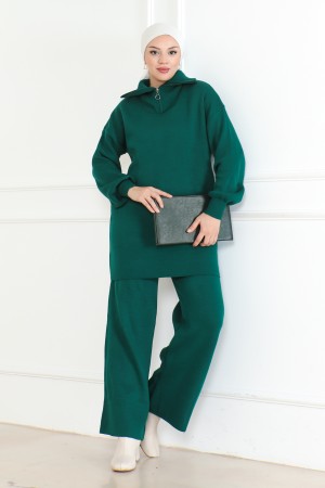 Yakası Fermuar Detaylı Triko Takım Zümrüt Yeşili 1001