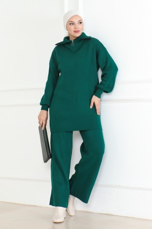 Yakası Fermuar Detaylı Triko Takım Zümrüt Yeşili 1001
