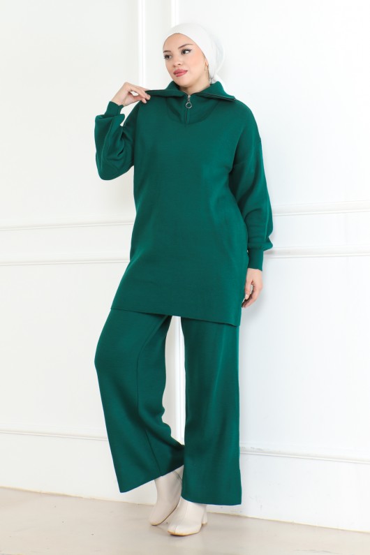 Yakası Fermuar Detaylı Triko Takım Zümrüt Yeşili 1001