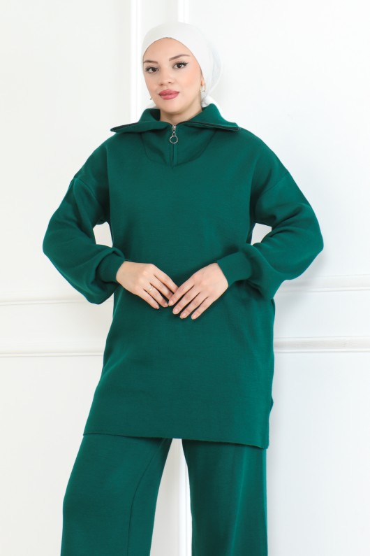 Yakası Fermuar Detaylı Triko Takım Zümrüt Yeşili 1001