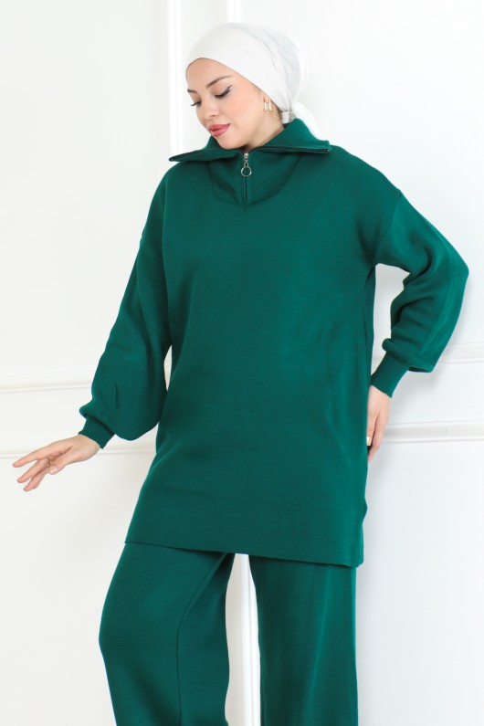 Yakası Fermuar Detaylı Triko Takım Zümrüt Yeşili 1001