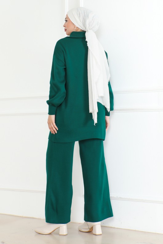 Yakası Fermuar Detaylı Triko Takım Zümrüt Yeşili 1001