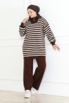 Yakası Fermuarlı Çizgili Triko Takım Kahverengi 1002
