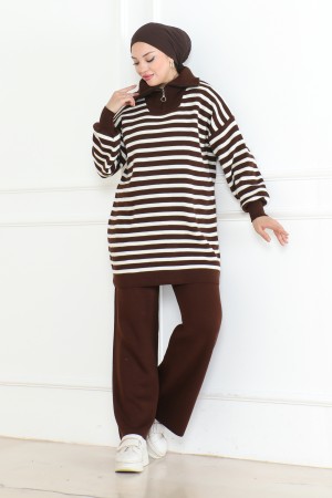 Yakası Fermuarlı Çizgili Triko Takım Kahverengi 1002