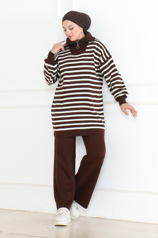Yakası Fermuarlı Çizgili Triko Takım Kahverengi 1002