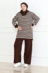 Yakası Fermuarlı Çizgili Triko Takım Kahverengi 1002