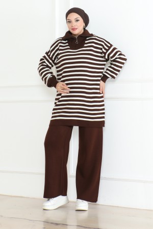 Yakası Fermuarlı Çizgili Triko Takım Kahverengi 1002