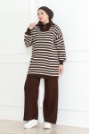 Yakası Fermuarlı Çizgili Triko Takım Kahverengi 1002