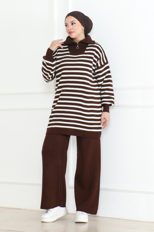 Yakası Fermuarlı Çizgili Triko Takım Kahverengi 1002