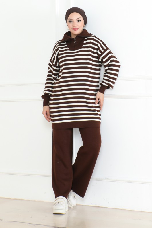 Yakası Fermuarlı Çizgili Triko Takım Kahverengi 1002