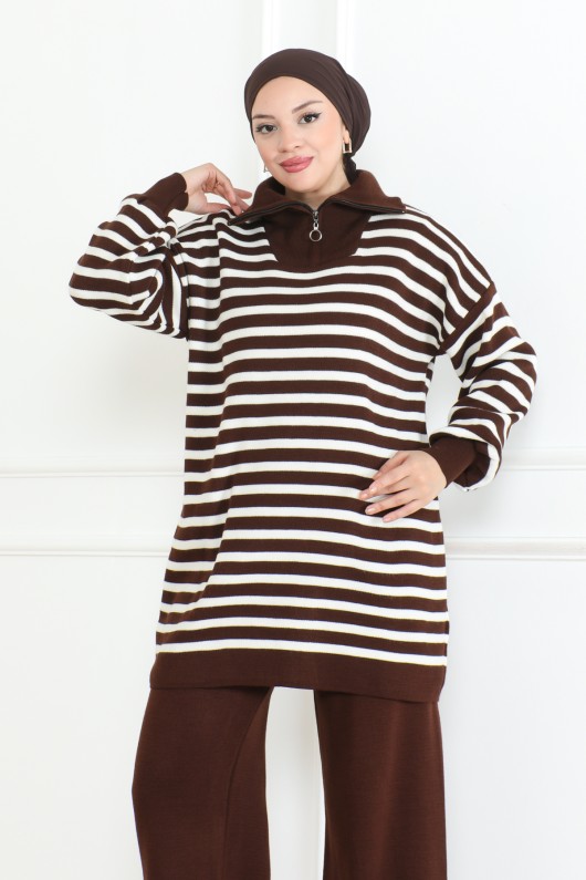 Yakası Fermuarlı Çizgili Triko Takım Kahverengi 1002