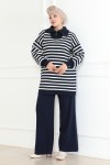 Yakası Fermuarlı Çizgili Triko Takım Lacivert 1002