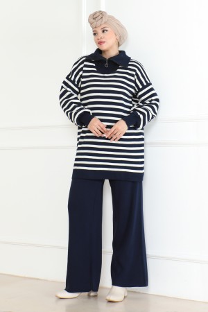 Yakası Fermuarlı Çizgili Triko Takım Lacivert 1002