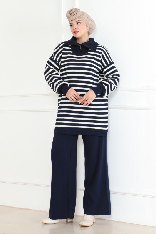 Yakası Fermuarlı Çizgili Triko Takım Lacivert 1002
