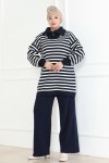 Yakası Fermuarlı Çizgili Triko Takım Lacivert 1002