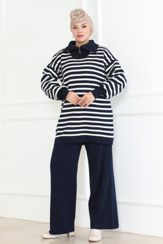 Yakası Fermuarlı Çizgili Triko Takım Lacivert 1002