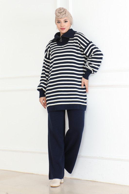 Yakası Fermuarlı Çizgili Triko Takım Lacivert 1002