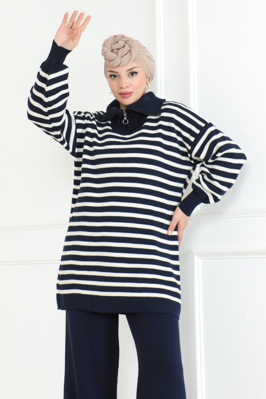 Yakası Fermuarlı Çizgili Triko Takım Lacivert 1002