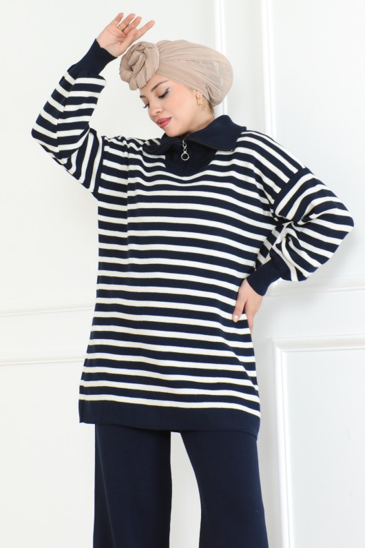 Yakası Fermuarlı Çizgili Triko Takım Lacivert 1002