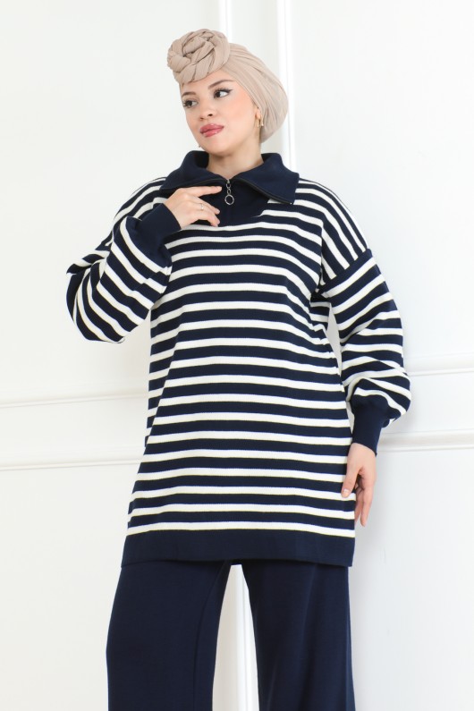 Yakası Fermuarlı Çizgili Triko Takım Lacivert 1002