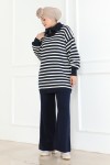 Yakası Fermuarlı Çizgili Triko Takım Lacivert 1002