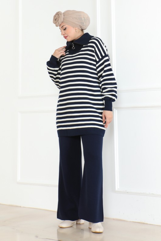 Yakası Fermuarlı Çizgili Triko Takım Lacivert 1002