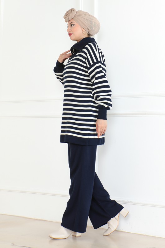 Yakası Fermuarlı Çizgili Triko Takım Lacivert 1002
