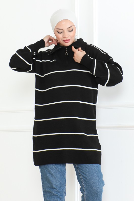 Yakasi Fermuarli Çi̇zgi̇li̇ Tri̇ko Tuni̇k Si̇yah 1004