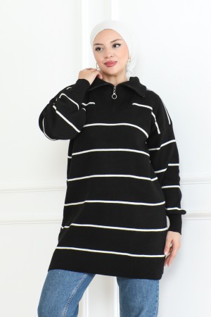 Yakasi Fermuarli Çi̇zgi̇li̇ Tri̇ko Tuni̇k Si̇yah 1004