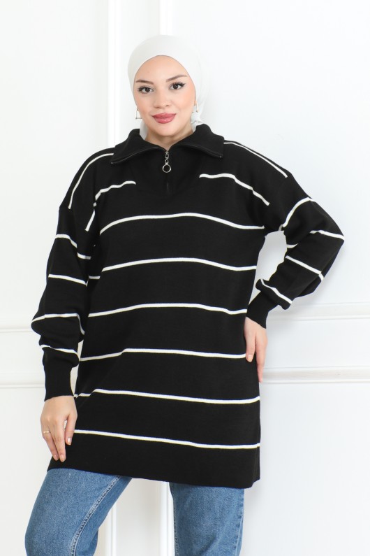 Yakasi Fermuarli Çi̇zgi̇li̇ Tri̇ko Tuni̇k Si̇yah 1004