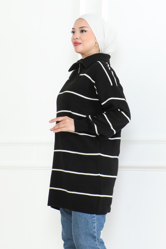 Yakasi Fermuarli Çi̇zgi̇li̇ Tri̇ko Tuni̇k Si̇yah 1004