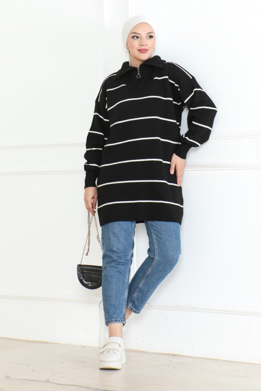 Yakasi Fermuarli Çi̇zgi̇li̇ Tri̇ko Tuni̇k Si̇yah 1004