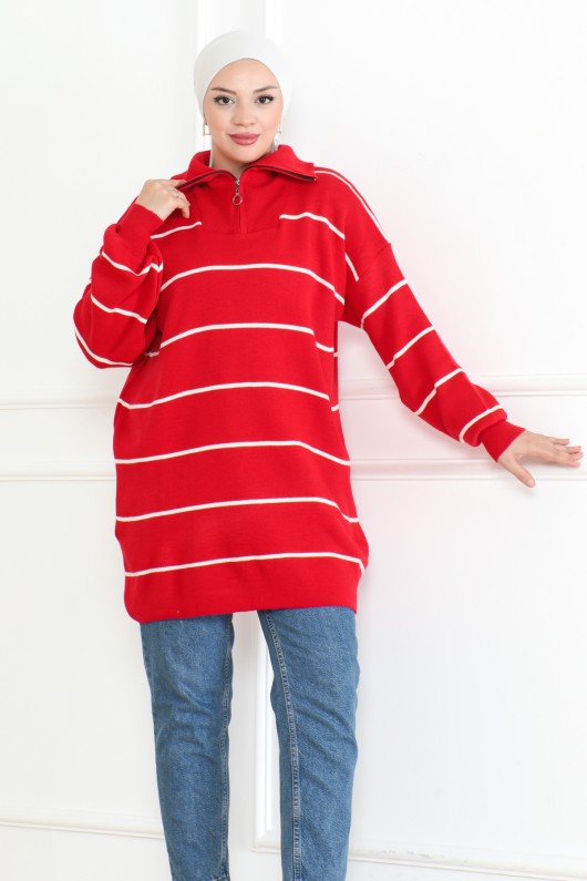 Yakası Fermuarlı Çizgili Triko Tunik kırmızı 1004